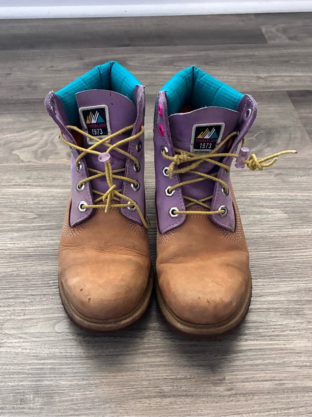 Timberland Women’s Brown Leather Boots with Purple Collar and Teal Lining